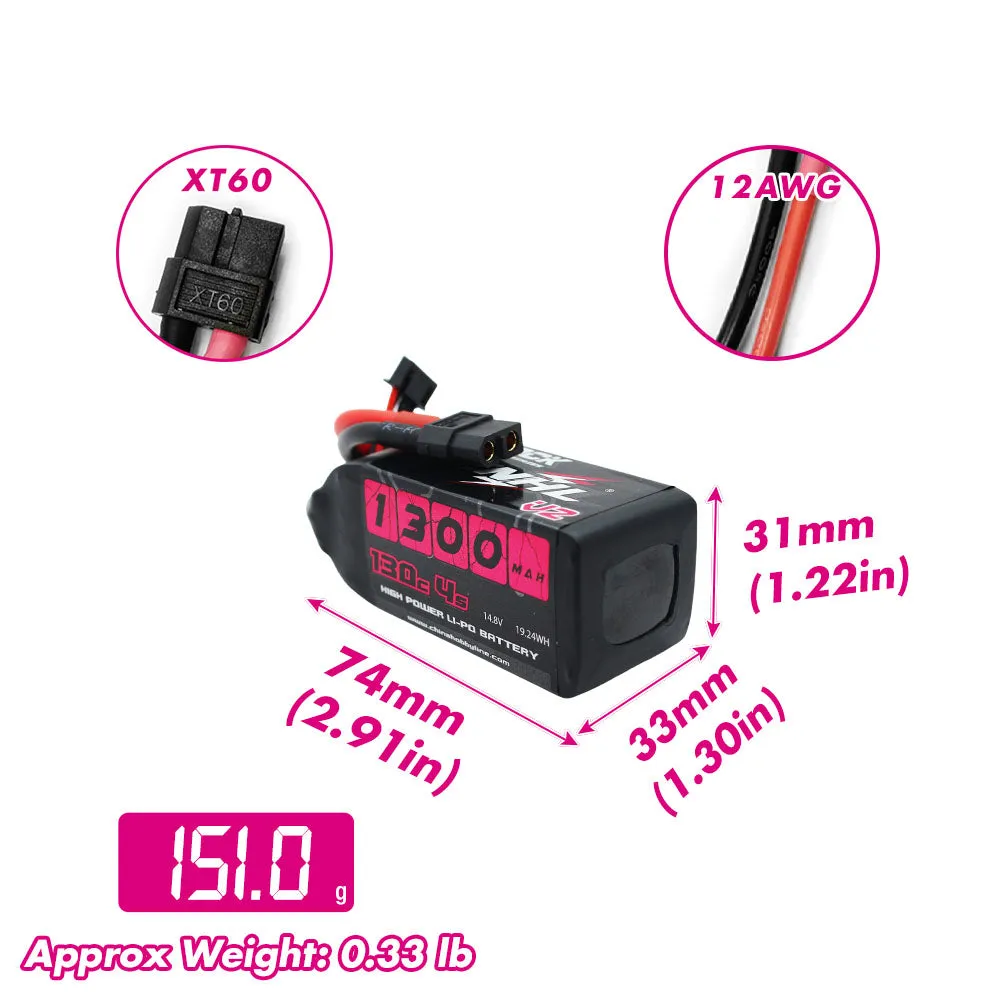2 Packs CNHL Black Series V2.0 1300mAh 14.8V 4S 130C Lipo Battery with XT60 Plug - CA/UK Warehouse