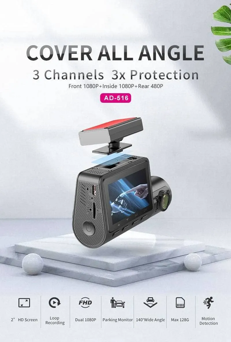 3 Channel Dash Cam for Car with 1080   1080   480p Three Lenses,