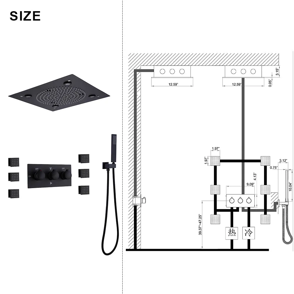 3 Function Large Shower System with Body Spray and LED Light Matte Black RB0815