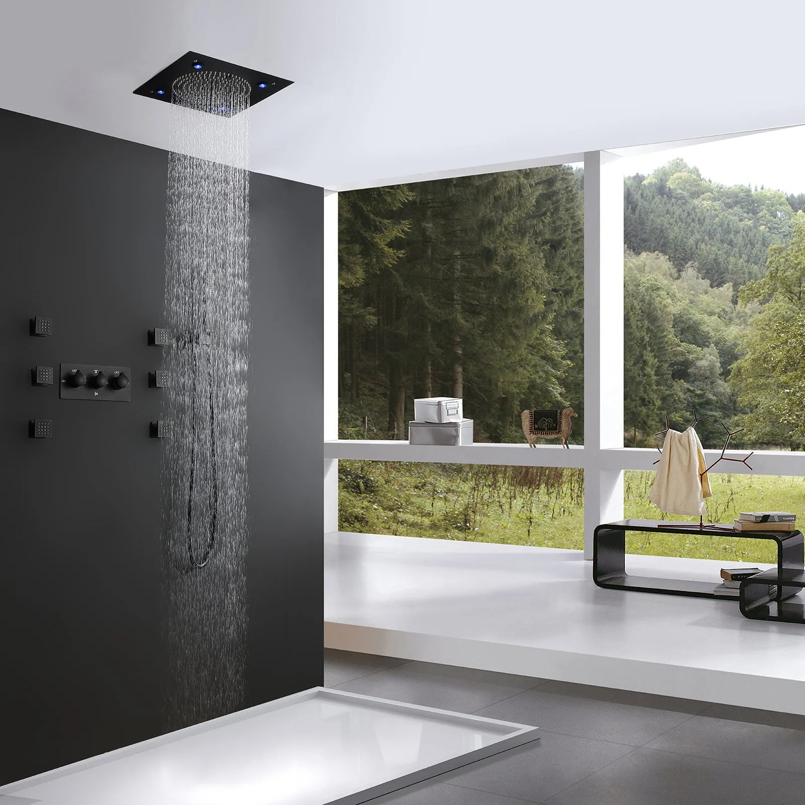 3 Function Large Shower System with Body Spray and LED Light Matte Black RB0815
