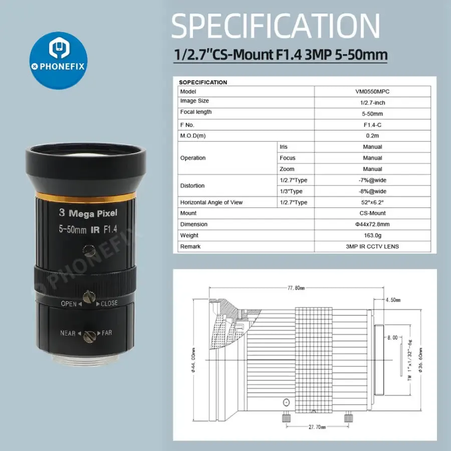 5-50mm 3.0MP Varifocal Lens 1/2.7" F1.4 Manual Iris CS Mount Lens