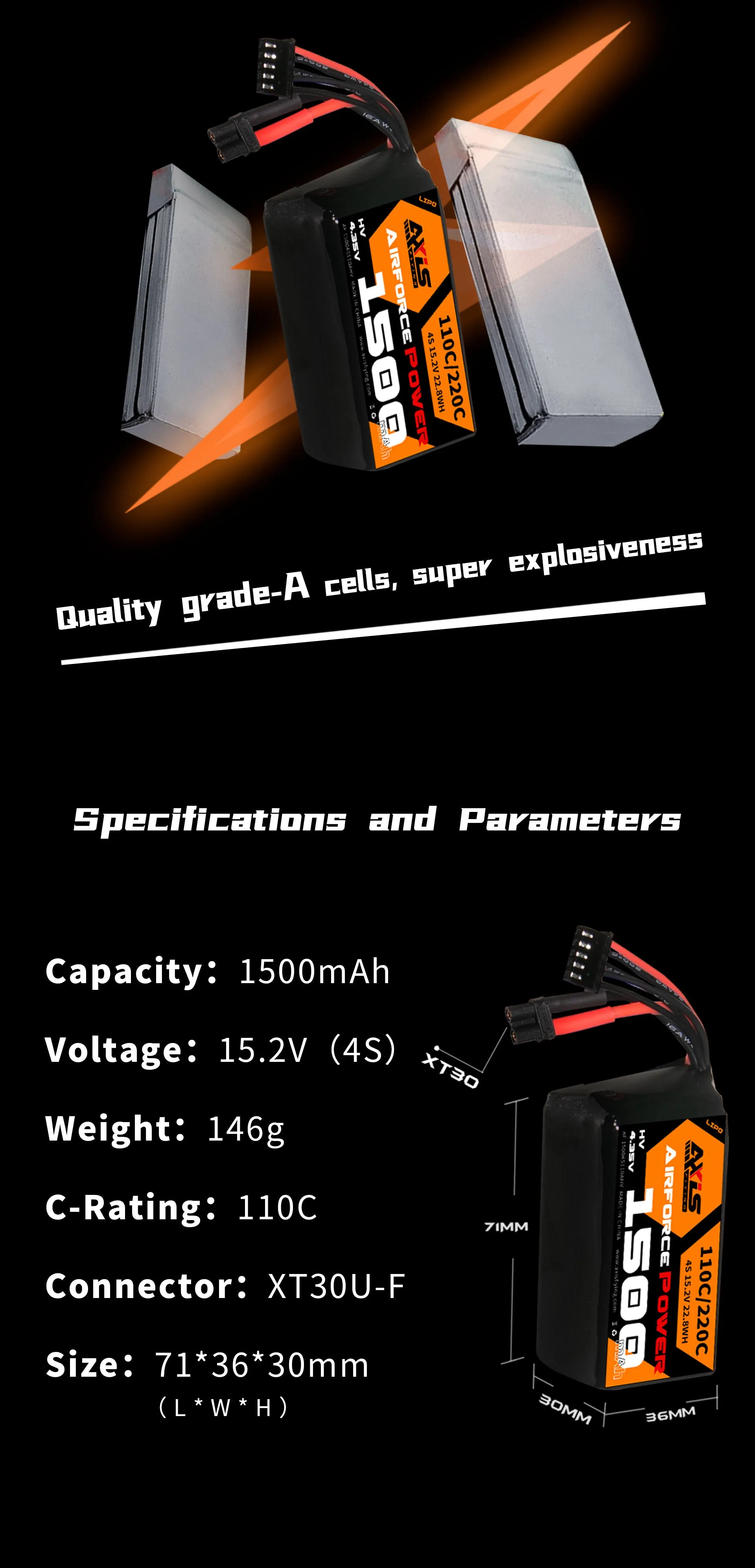 Axisflying 1500mAh 4S 110C LiPo Battery (XT30) for Airforce Pro by GNB [DG]