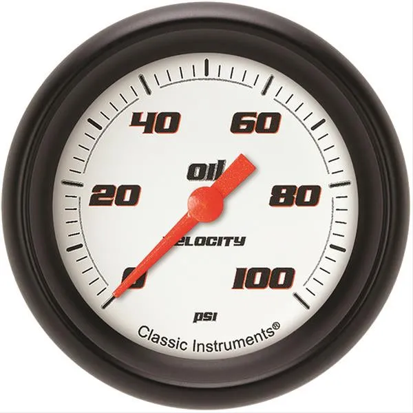 Classic Instruments Velocity Oil Pressure Gauge - 0-100 psi - Full Sweep - 2-5/8 in Diameter - Black Bezel - White Face