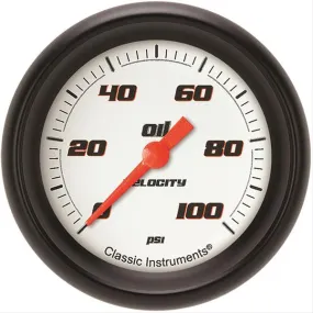 Classic Instruments Velocity Oil Pressure Gauge - 0-100 psi - Full Sweep - 2-5/8 in Diameter - Black Bezel - White Face