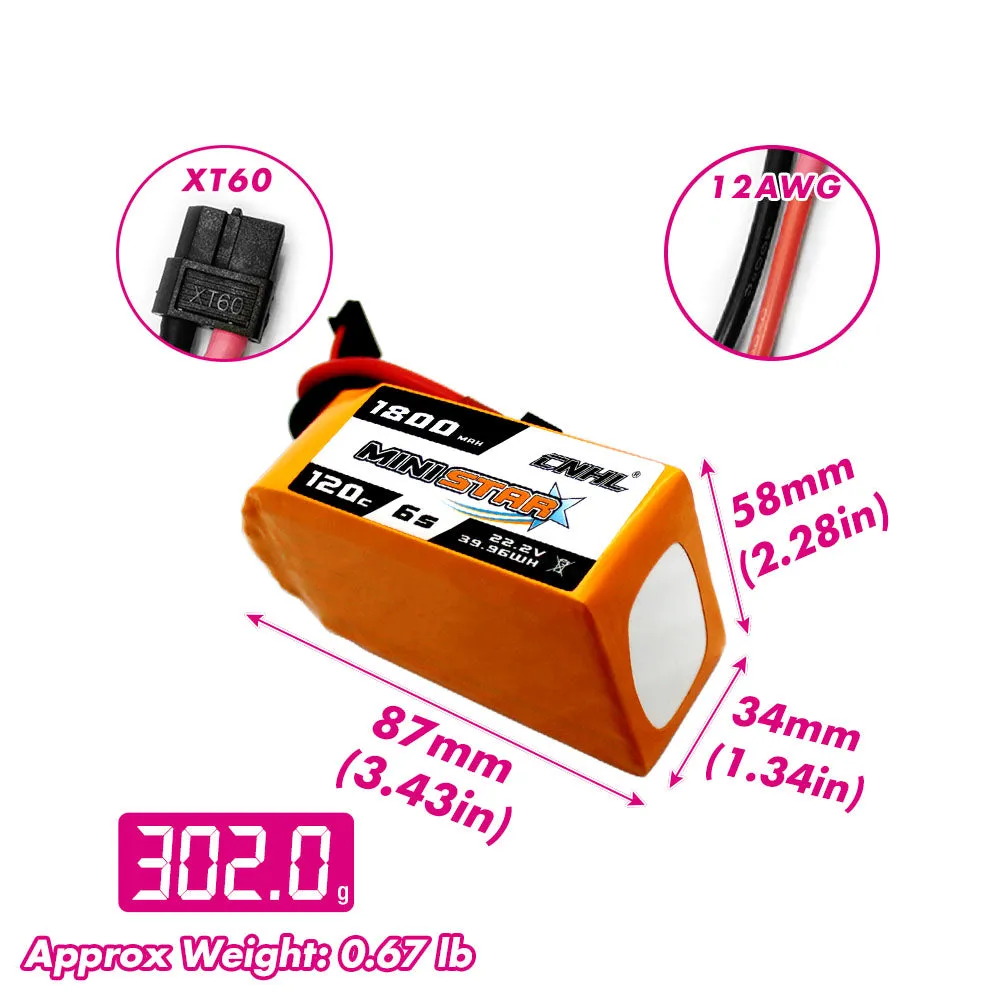 CNHL MiniStar 1800mAh 22.2V 6S 120C(max 200C) Lipo Battery with XT60 Plug