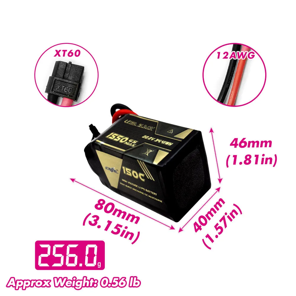 CNHL Ultra Black 1550mAh 22.2V 6S 150C Lipo Battery with XT60 Plug