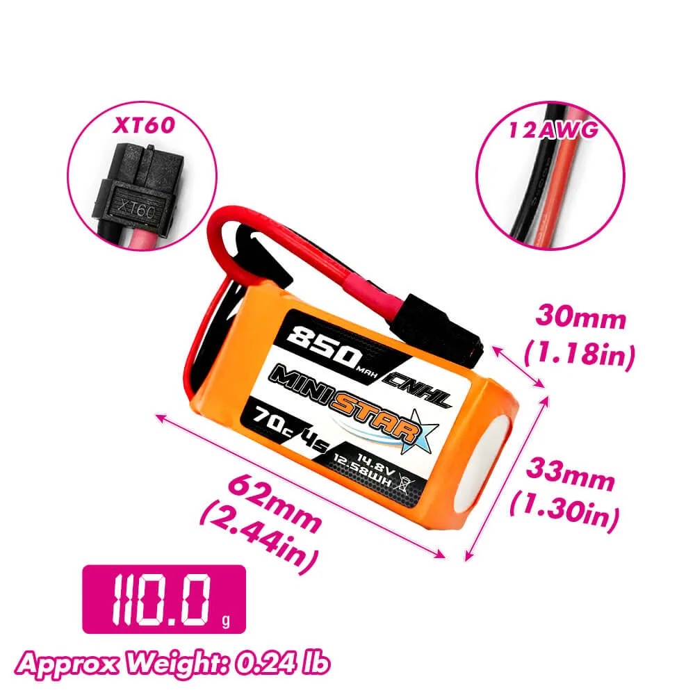 [Combo] 2 Packs CNHL MiniStar 850mAh 14.8V 4S 70C Lipo Battery with XT60 Plug