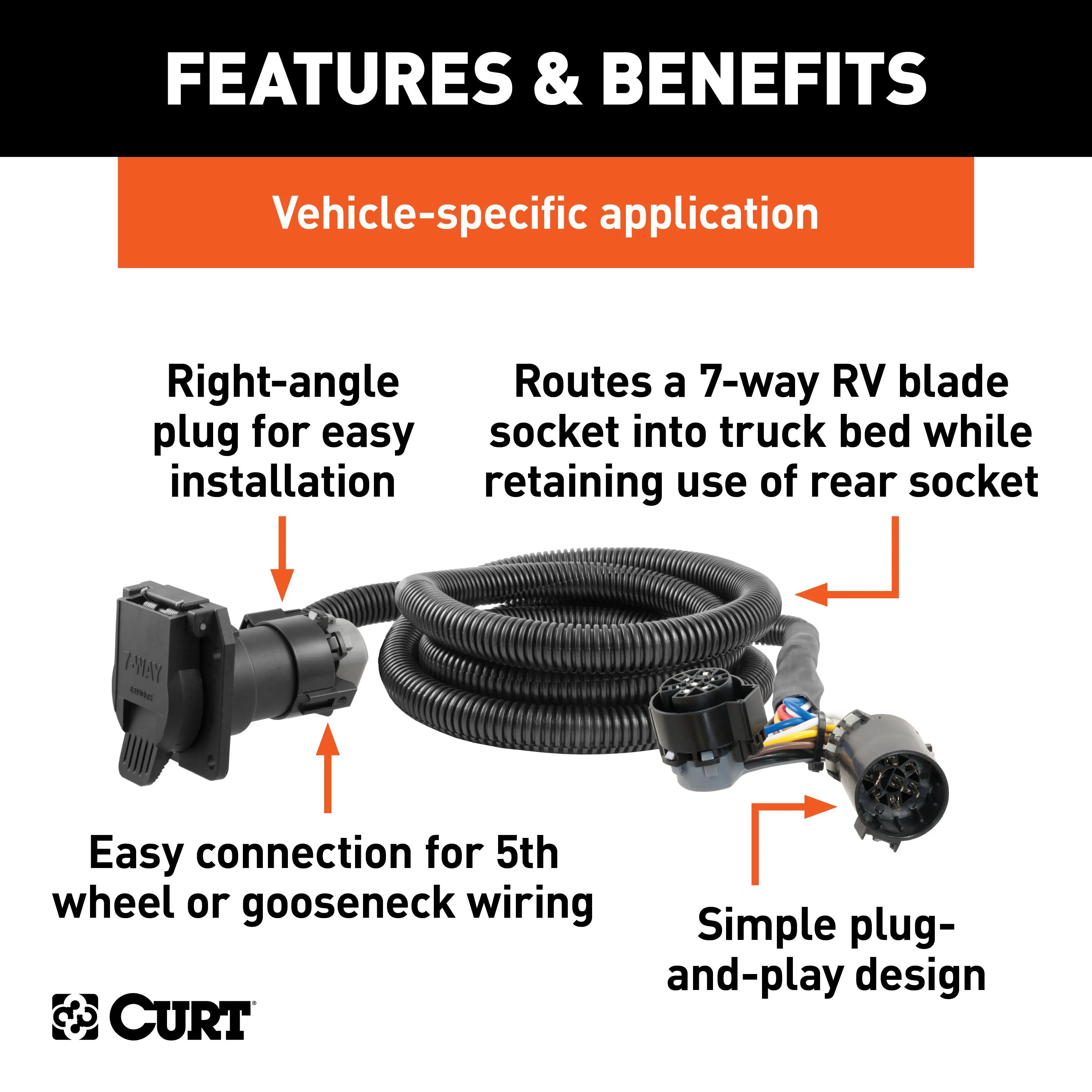 CURT 56070 7ft. Custom Wiring Extension Harness (Adds 7-Way RV Blade to Truck Bed; Packaged
