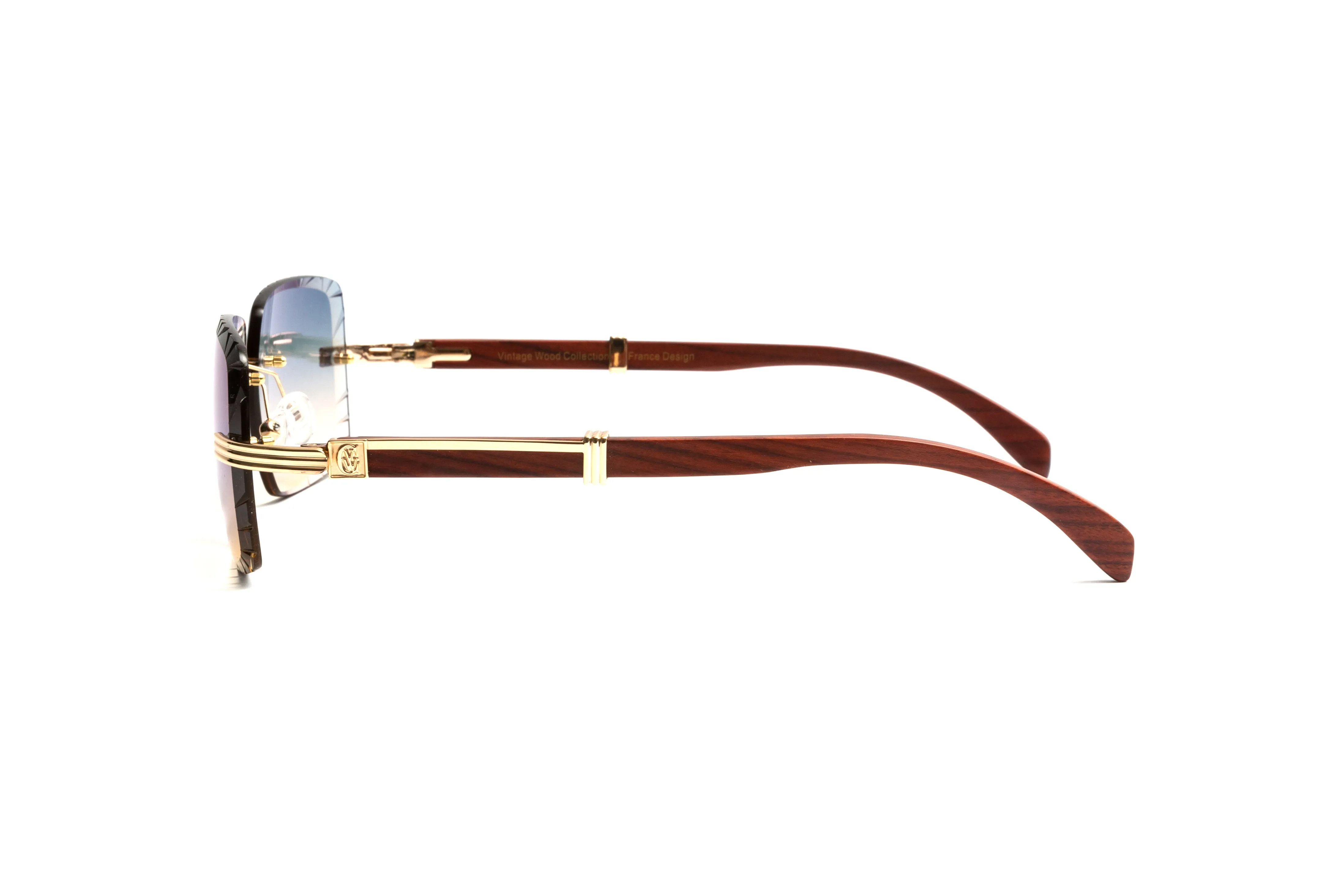 DRONE 4 18KT Gold & Brown Wood Sunglasses, Double Gradient Grey/Yellow Square Lenses