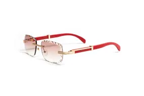 DRONE 6 18KT Gold & Red Wood Rimless Sunglasses, Gradient Brown Rectangular Lenses