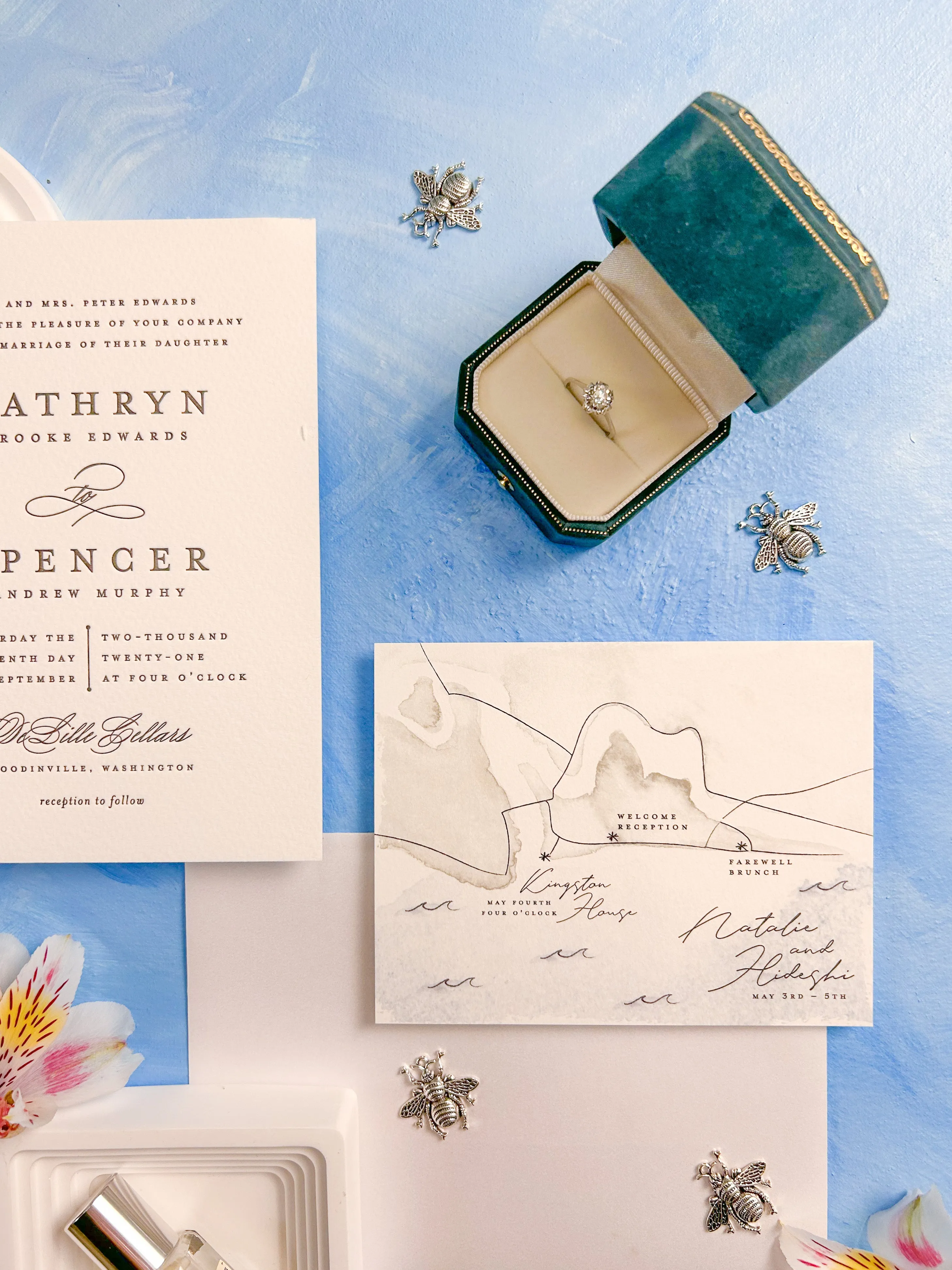 Hand painted, rollable styling mat for wedding photography|Sky Blue