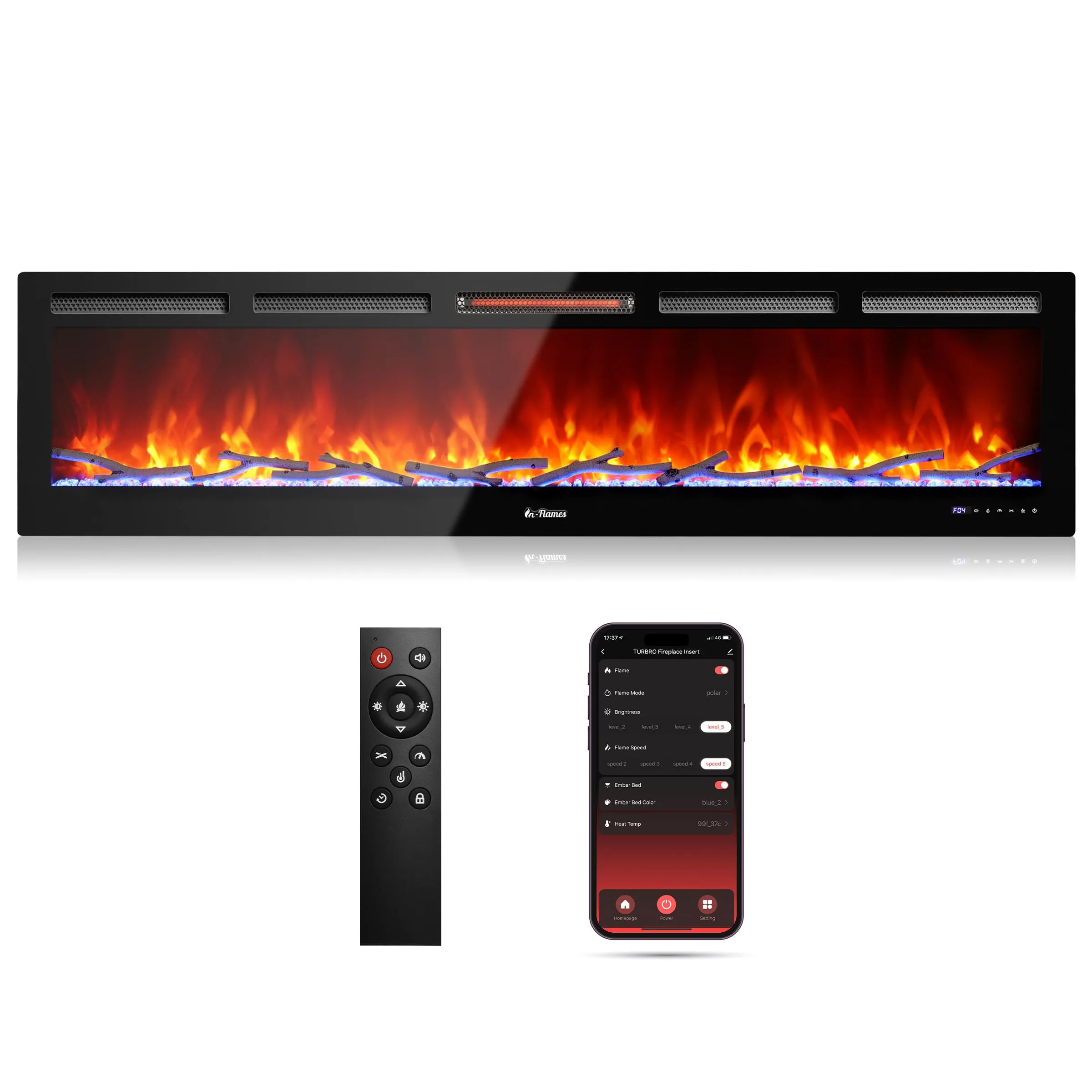 In Flames INF72W-3D WiFi Smart Wall Mounted Electric Fireplace - Tempered Glass