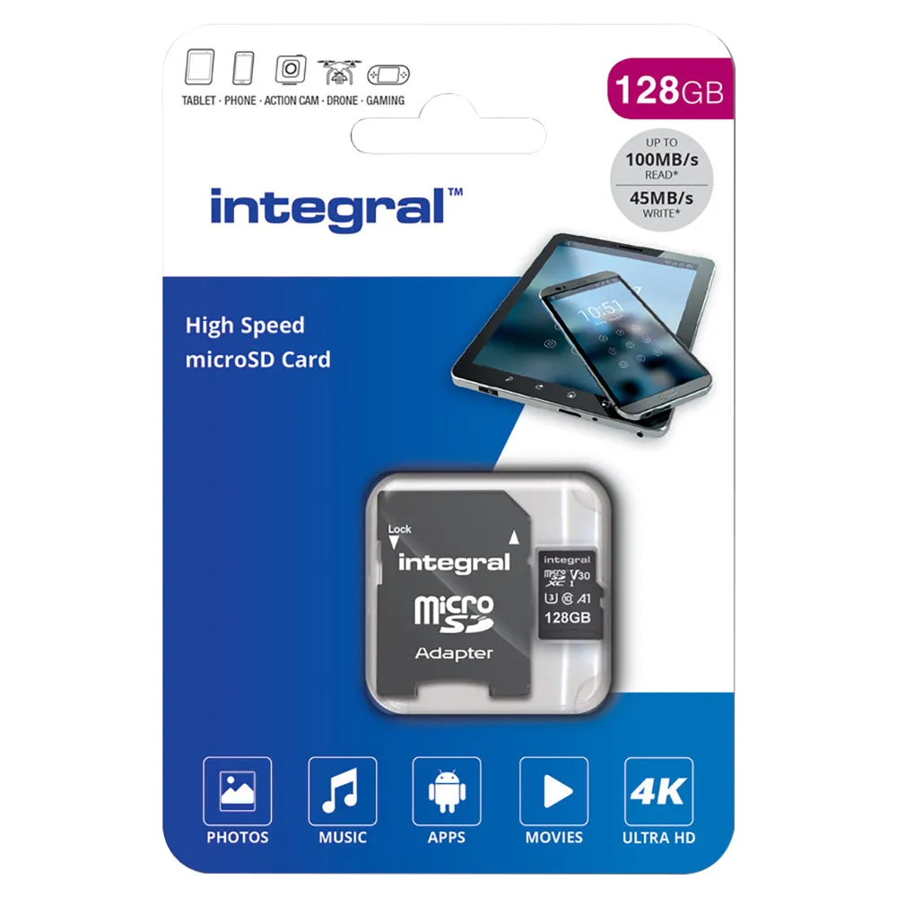 Integral V30 UHS-I U3 High Speed 128GB Memory Card - Black | INMSDX128G-100V30