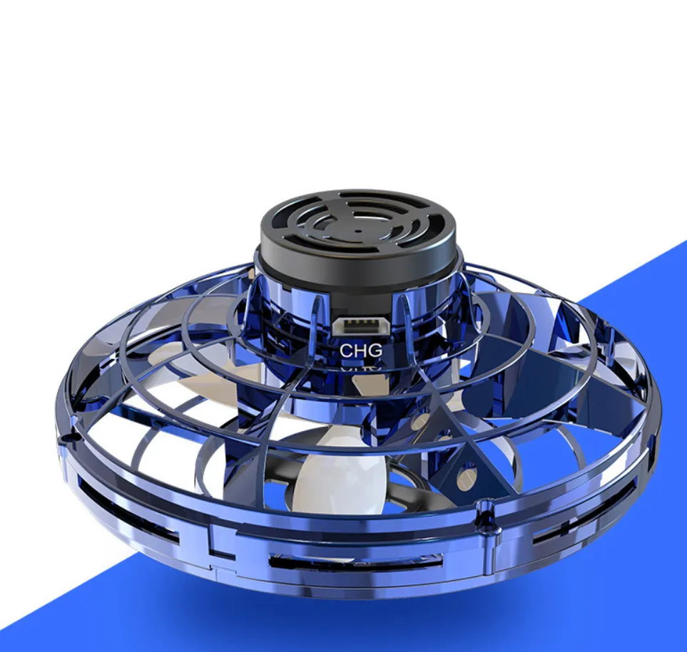 Mini Fingertip Gyro Drone with LED, UFO design, and interactive spinning feature for kids