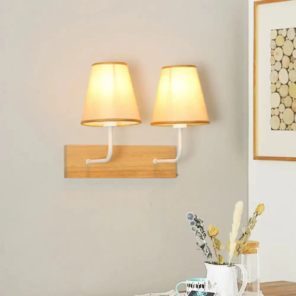 Nordic Flaxen Cone Shade Wall Mounted Light with Wood Backplate - 2 Bulbs Sconce Fixture