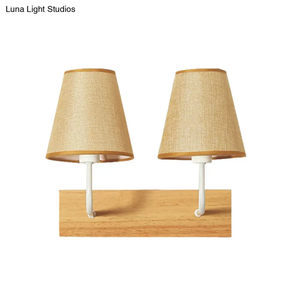Nordic Flaxen Cone Shade Wall Mounted Light with Wood Backplate - 2 Bulbs Sconce Fixture