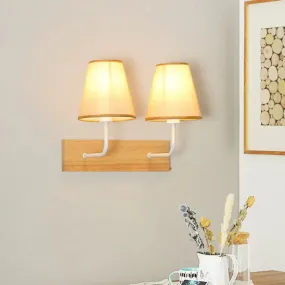 Nordic Flaxen Cone Shade Wall Mounted Light with Wood Backplate - 2 Bulbs Sconce Fixture