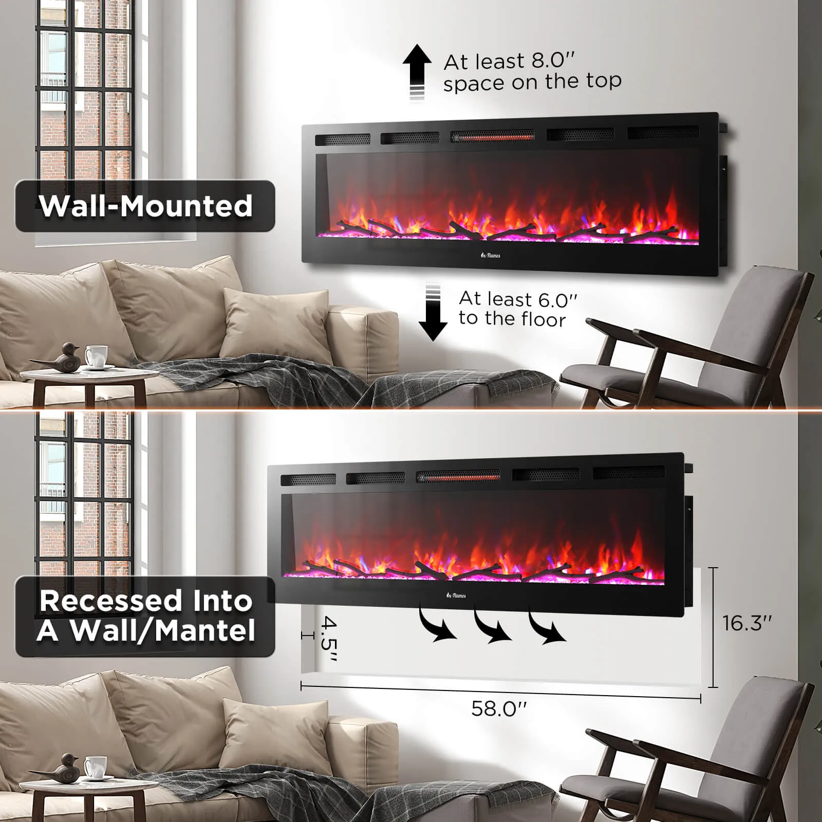 (Open Box) In Flames WiFi Smart Wall Mounted Electric Fireplace - Tempered Glass