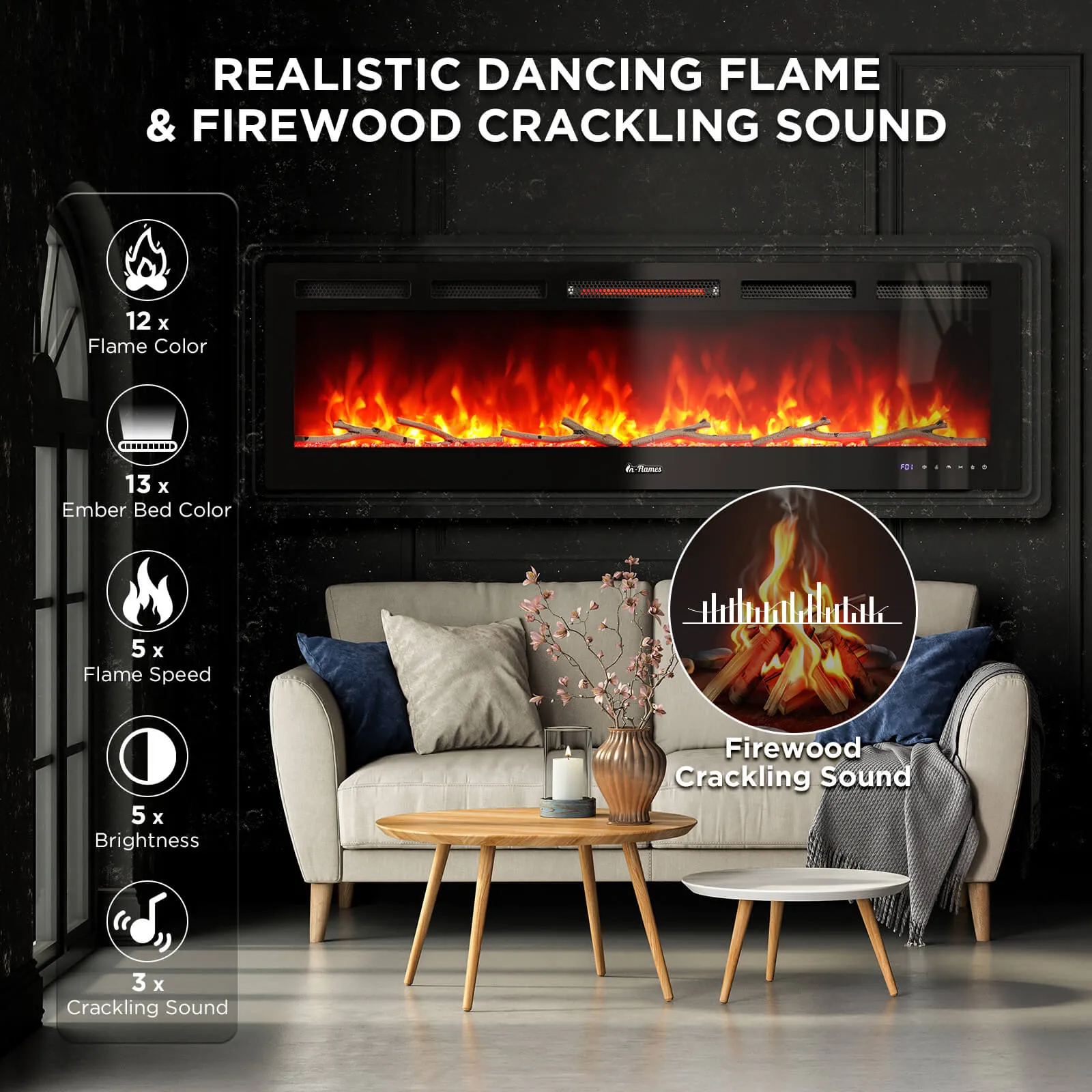 (Open Box) In Flames WiFi Smart Wall Mounted Electric Fireplace - Tempered Glass