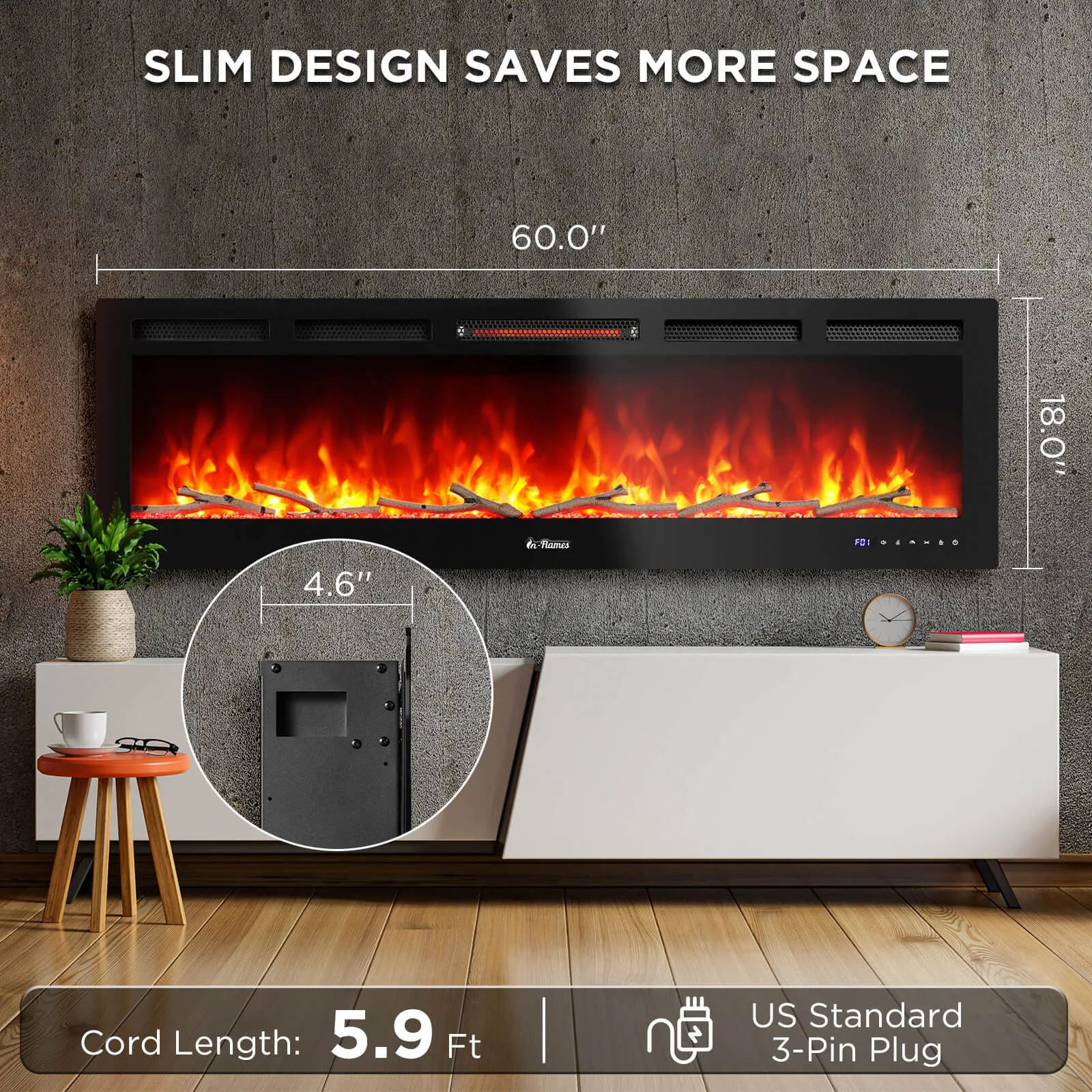 (Open Box) In Flames WiFi Smart Wall Mounted Electric Fireplace - Tempered Glass
