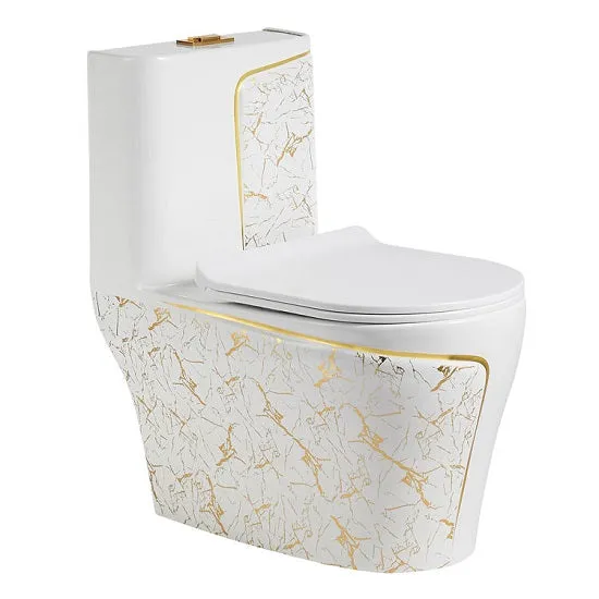 Private Collection Elegant Luxury Gold Pattern Designer Black  and White Ceramic Nano Glaze Siphonic S-Trap Super Swirling Toilet