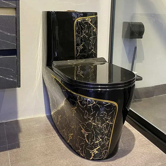 Private Collection Elegant Luxury Gold Pattern Designer Black  and White Ceramic Nano Glaze Siphonic S-Trap Super Swirling Toilet