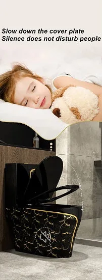 Private Collection Elegant Luxury Gold Pattern Designer Black  and White Ceramic Nano Glaze Siphonic S-Trap Super Swirling Toilet