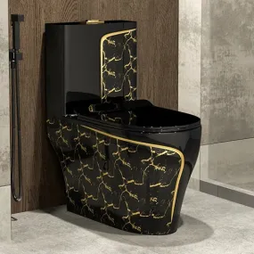 Private Collection Elegant Luxury Gold Pattern Designer Black  and White Ceramic Nano Glaze Siphonic S-Trap Super Swirling Toilet