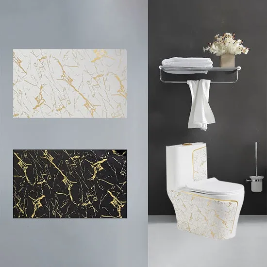 Private Collection Elegant Luxury Gold Pattern Designer Black  and White Ceramic Nano Glaze Siphonic S-Trap Super Swirling Toilet