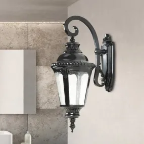 Rustic Courtyard Wall Lighting: 1-Light Sconce with Urn Clear Seeded Glass Shade in Black
