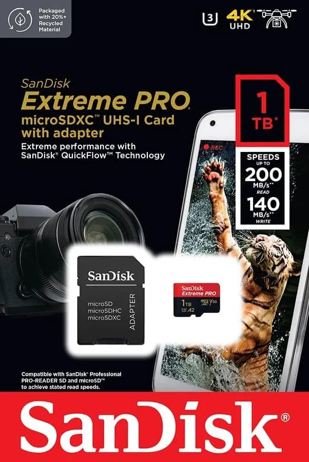SanDisk 1TB Extreme PRO microSDXC Card with RescuePro Deluxe, 200 MB/s, A2 App Performance, UHS-I Class 10 U3 V30, for Smartphones, Action Cameras, Drones