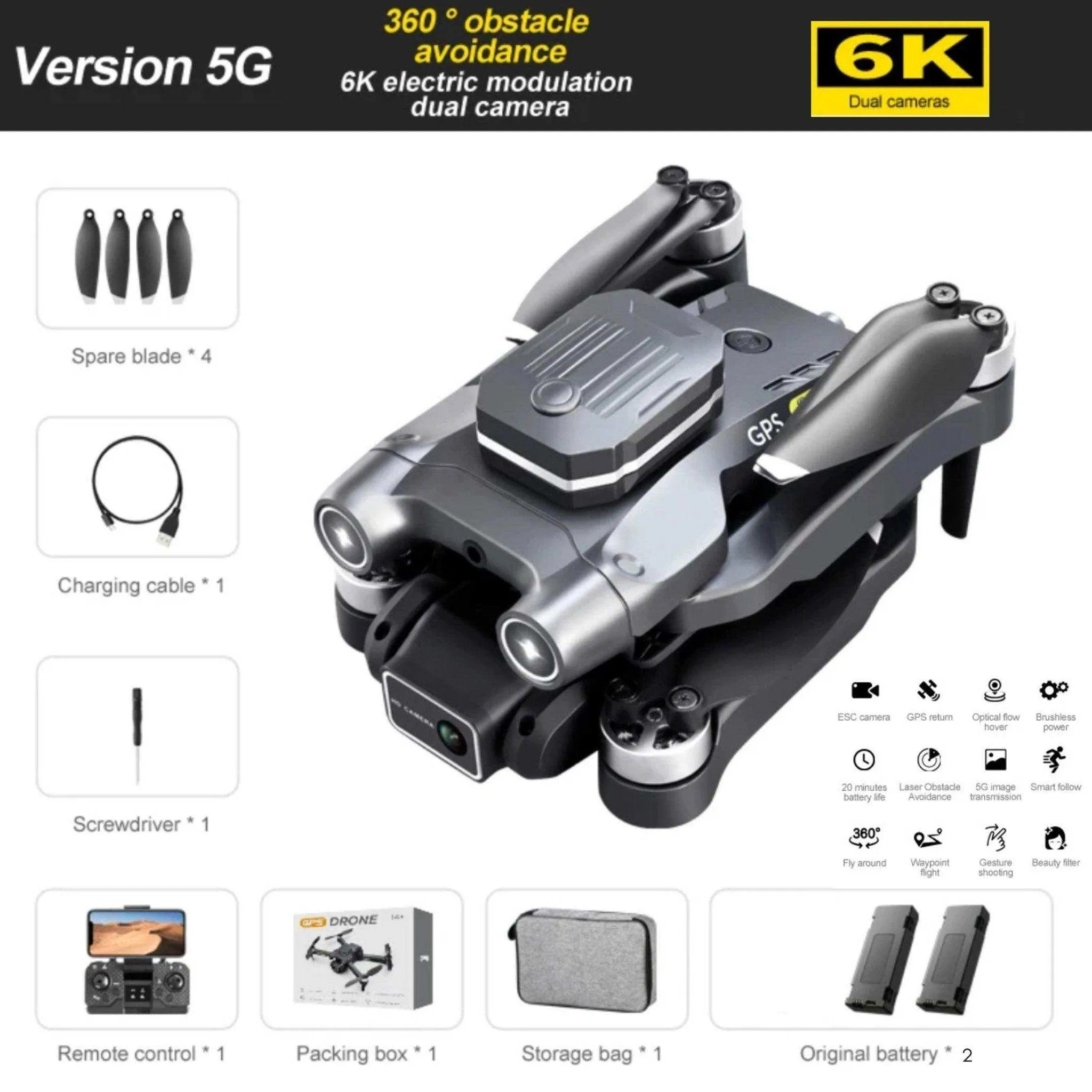TUTT H25 4K HD GPS Mini Drone for Foldable RC Quadcopter, 5G Transmission 20 Flight Time, Brushless Motor, Auto return, Follow & Orbit & Pointway Intelligence 3D Flip Modes 2* Batt